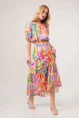 And The Why Puff Sleeve Elastic Edges Geo Printed Crop Top OutfitFlow
