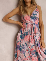 Floral Print Surplice Spaghetti Strap Maxi Dress Pink OutfitFlow