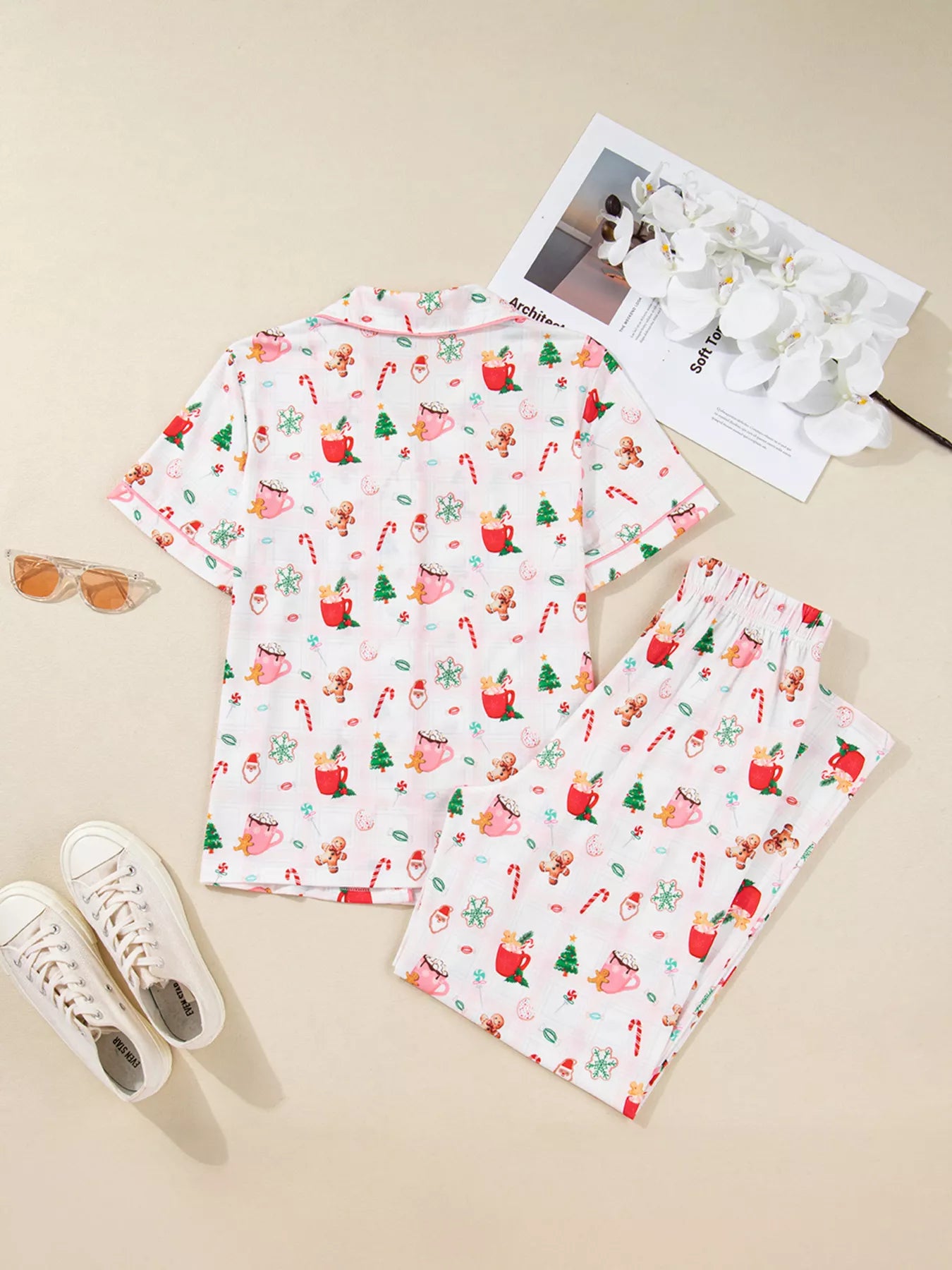 Christmas Spirit Cute Holiday Print Short Sleeve Shirt and Pants 2pcs Pajama Set OutfitFlow