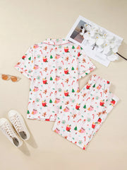 Christmas Spirit Cute Holiday Print Short Sleeve Shirt and Pants 2pcs Pajama Set OutfitFlow