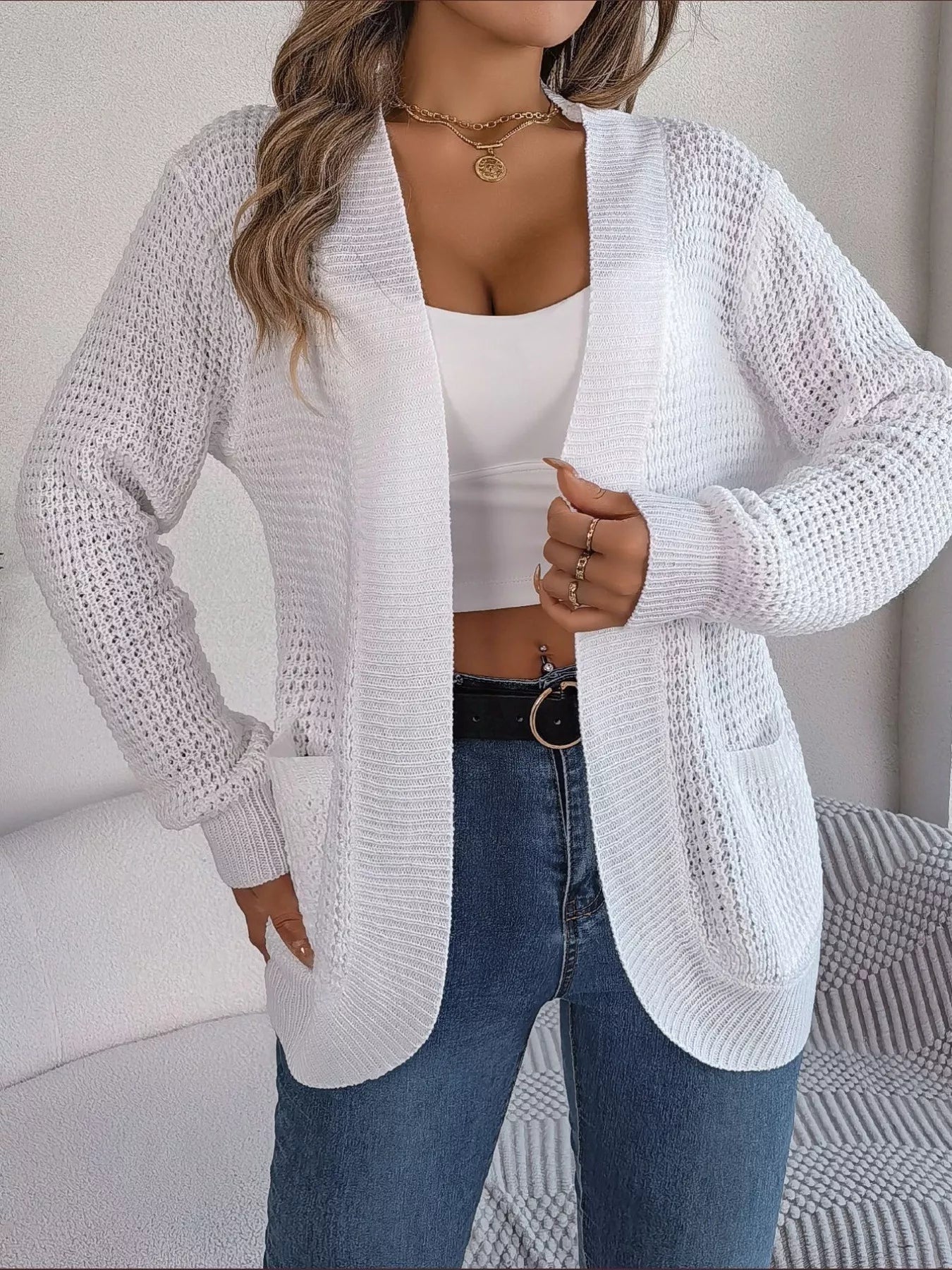 Chunky Knit Open Front Cardigan with Pockets OutfitFlow