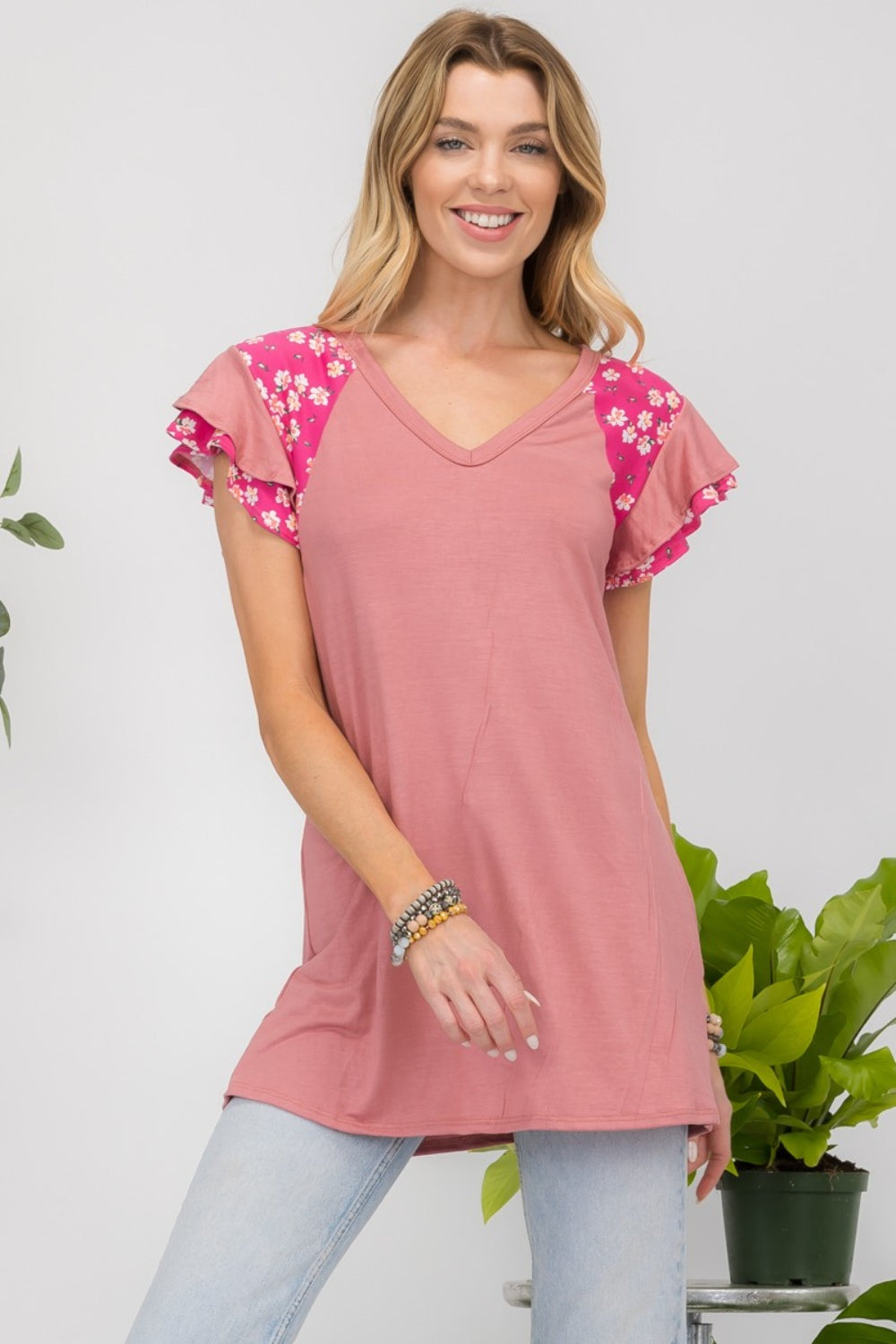 Celeste Full Size Floral Contrast Short Sleeve Top