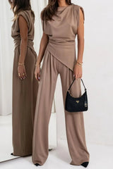 Round Neck Top and Pants Set Khaki OutfitFlow