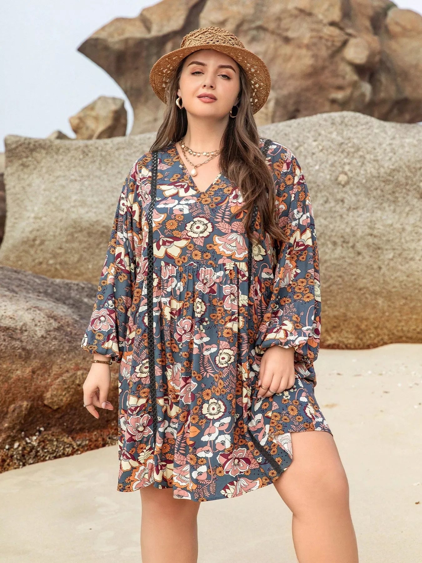 Plus Size Floral Print Long Sleeve Mini Dress OutfitFlow