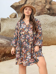 Plus Size Floral Print Long Sleeve Mini Dress OutfitFlow