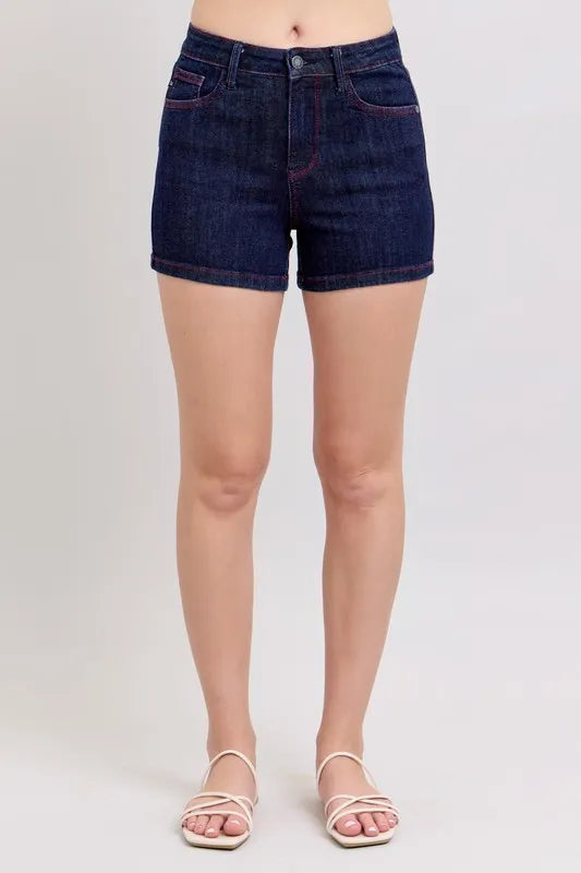 Judy Blue Full Size High Waist Heart Shaped Pkts & Red Contrast Thread Denim Shorts Plus Size OutfitFlow