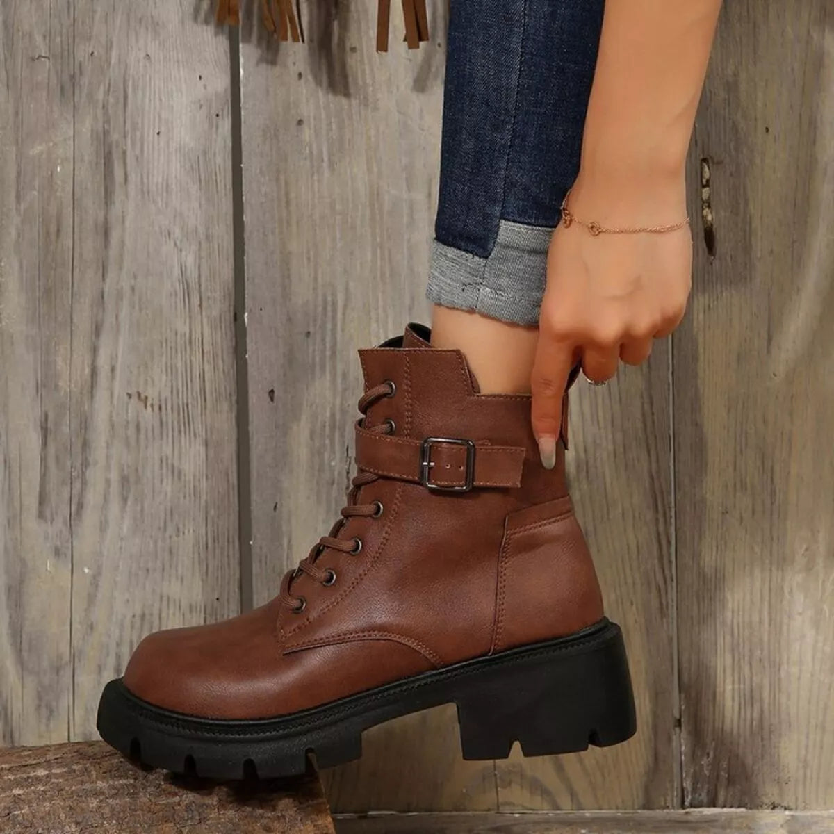 Lace-Up Buckle Accent Block Heel Boots Trendsi