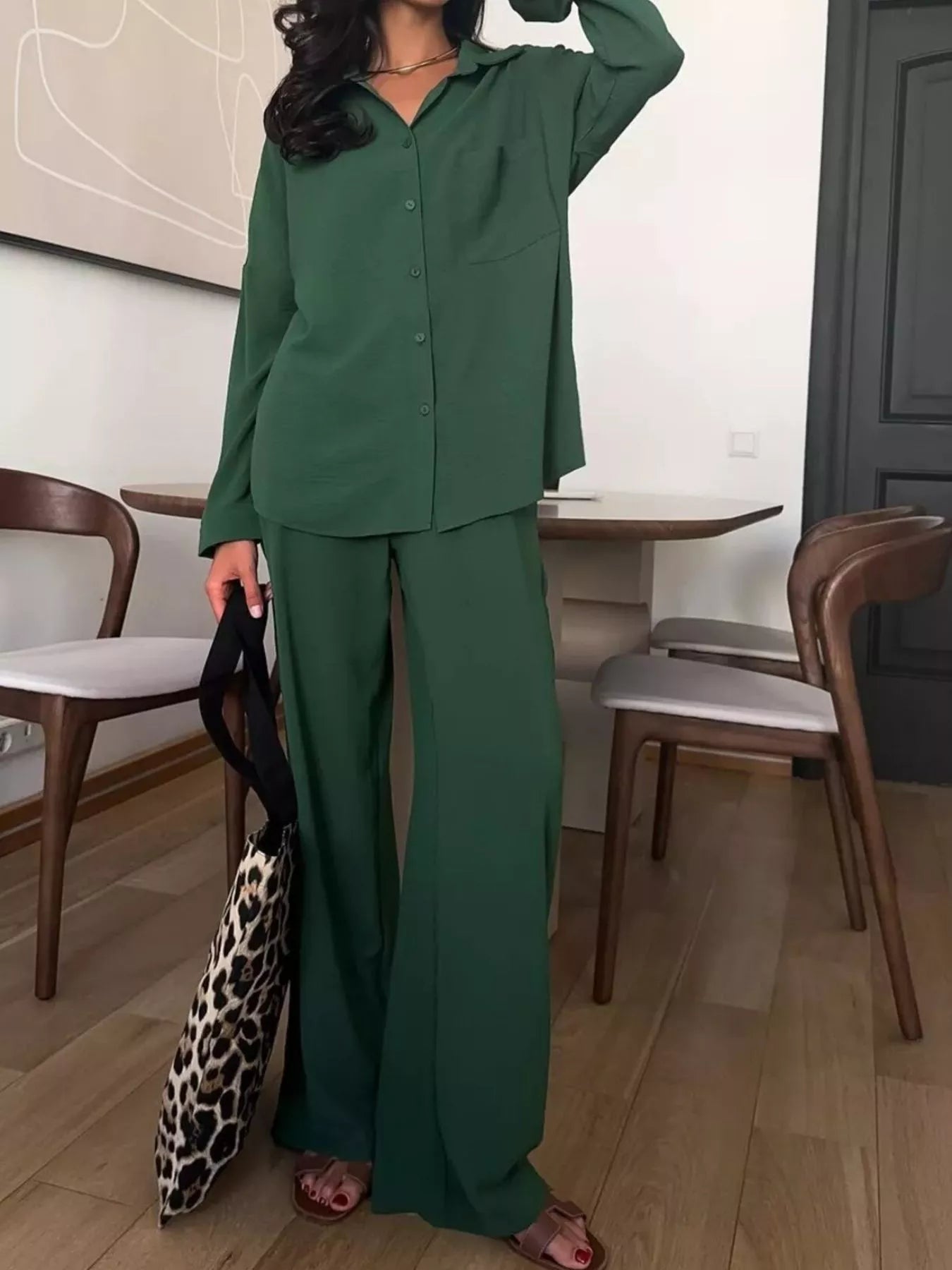 Button Down Shirt and Pants Set Olive Green OutfitFlow
