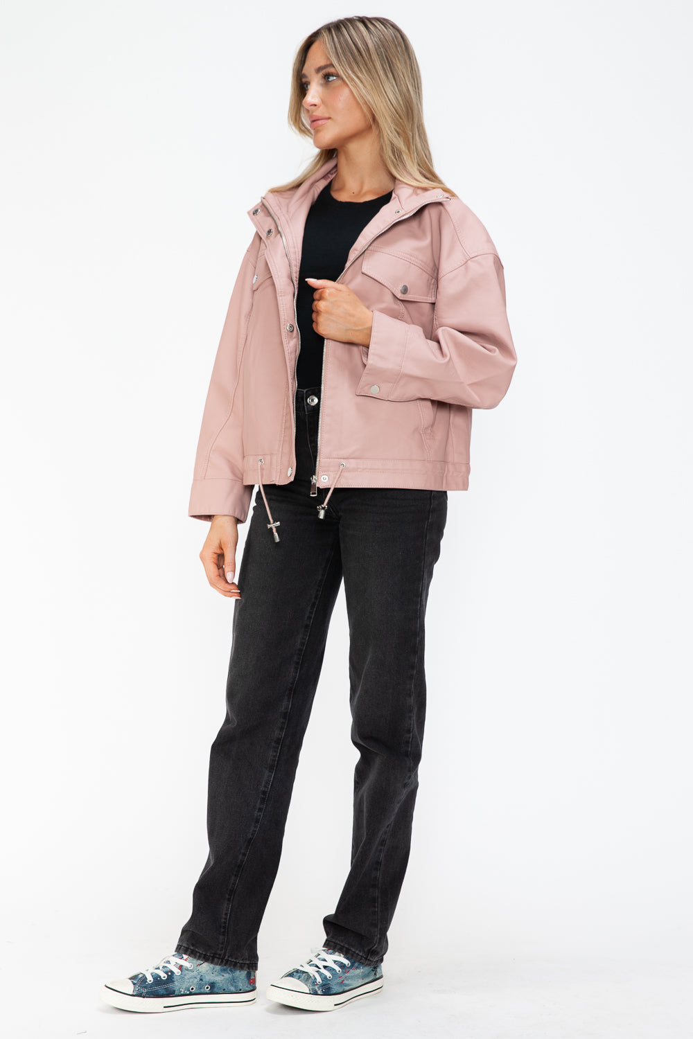 Outfit Flow - How Dare U Drawstring Hem PU Leather Zip Up Jacket