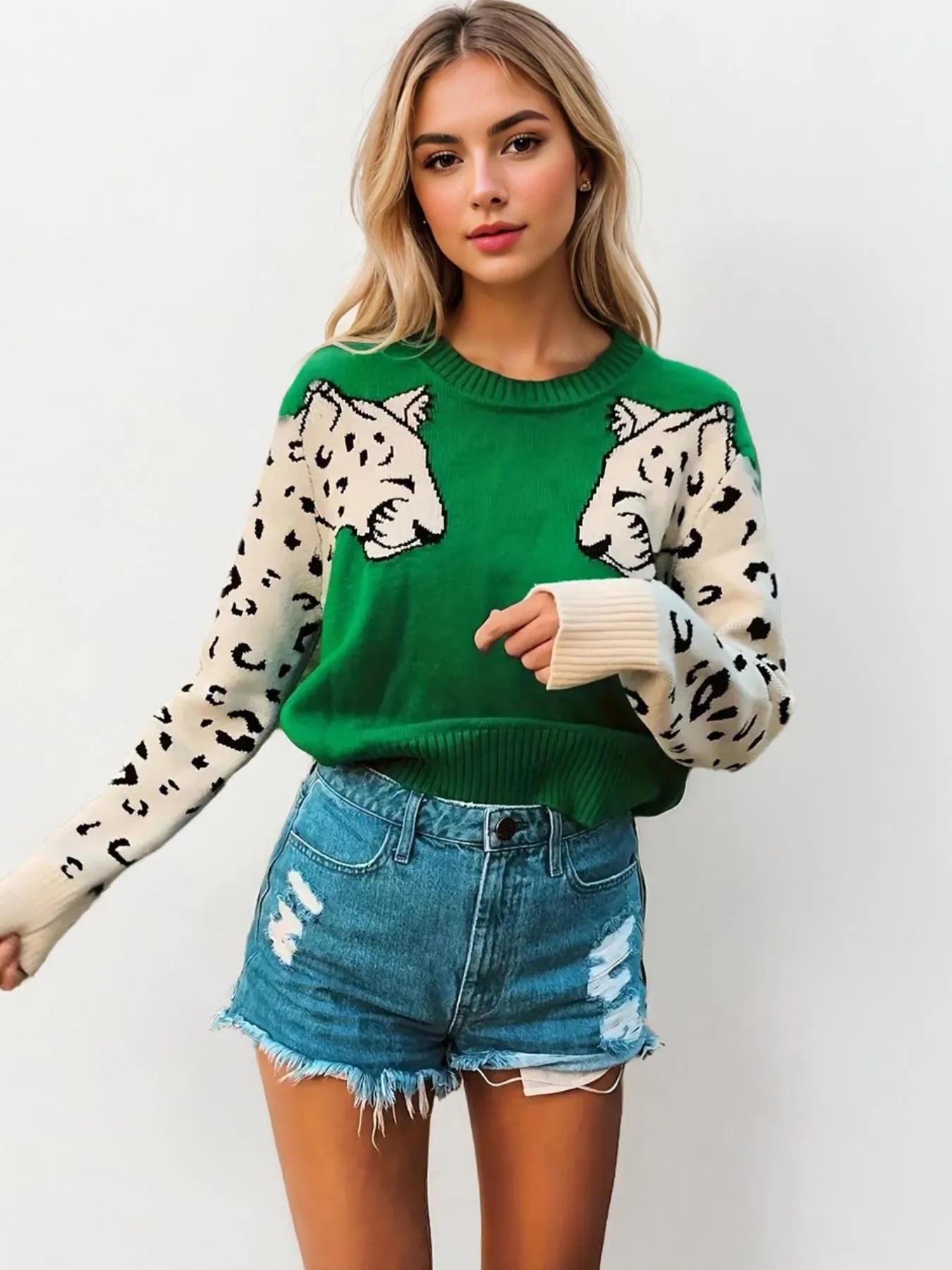 Leopard Round Neck Sweater Dark Green OutfitFlow