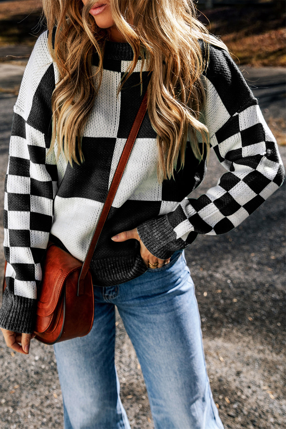 Outfit Flow - Checkered Round Neck Drop Shoulder Sweater