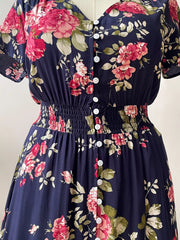 Plus Size Floral Print Short Sleeves V-Neck Dress OutfitFlow