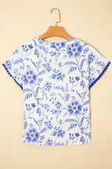 Floral Print Ricrac Trim Short Sleeve Blouse OutfitFlow