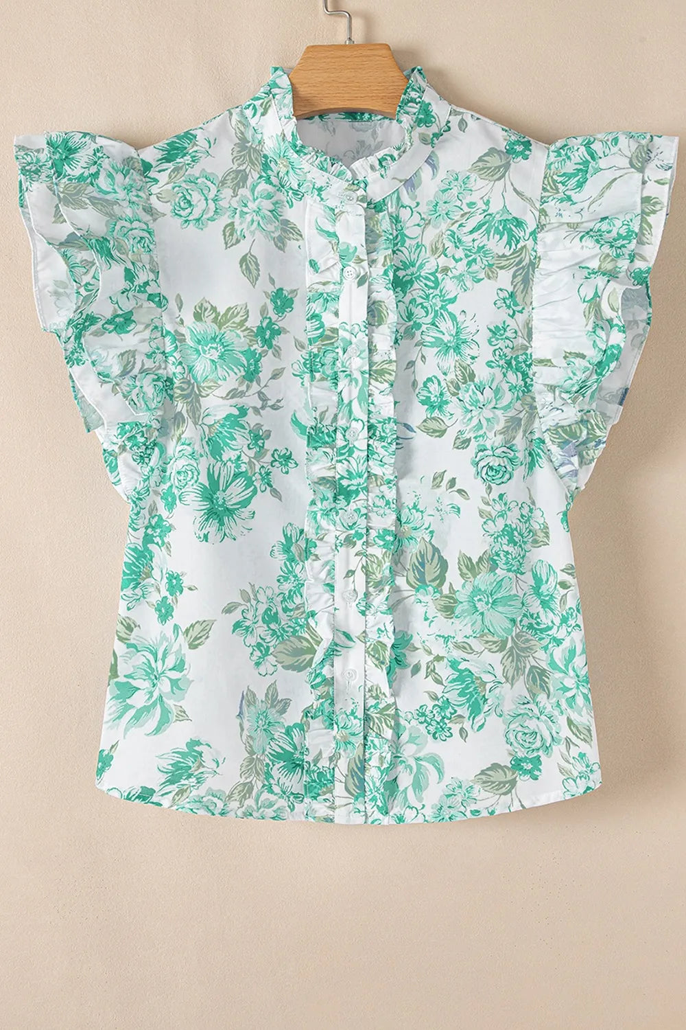 Printed Ruffled Sleeve Button-Up Blouse OutfitFlow