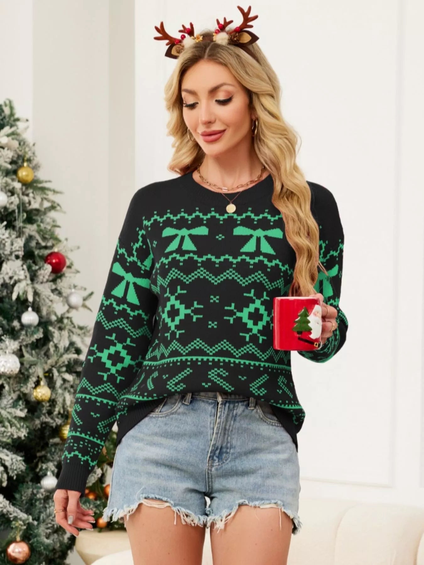 Christmas Bow Round Neck Sweater OutfitFlow