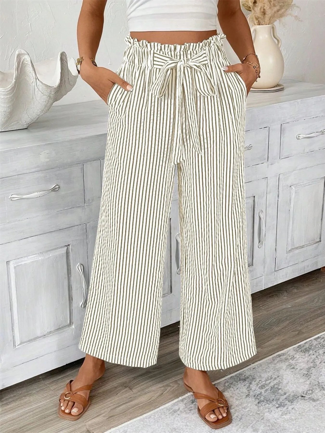 Full Size Striped Wide Leg Paper Bag Pants Plus Size OutfitFlow