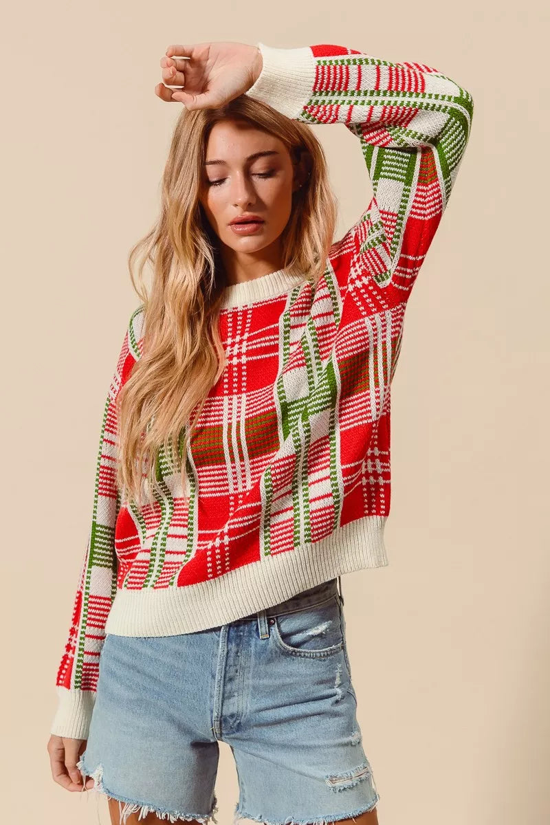 SO ME Christmas Color Checkered Plaid Crew Neck Sweater Trendsi