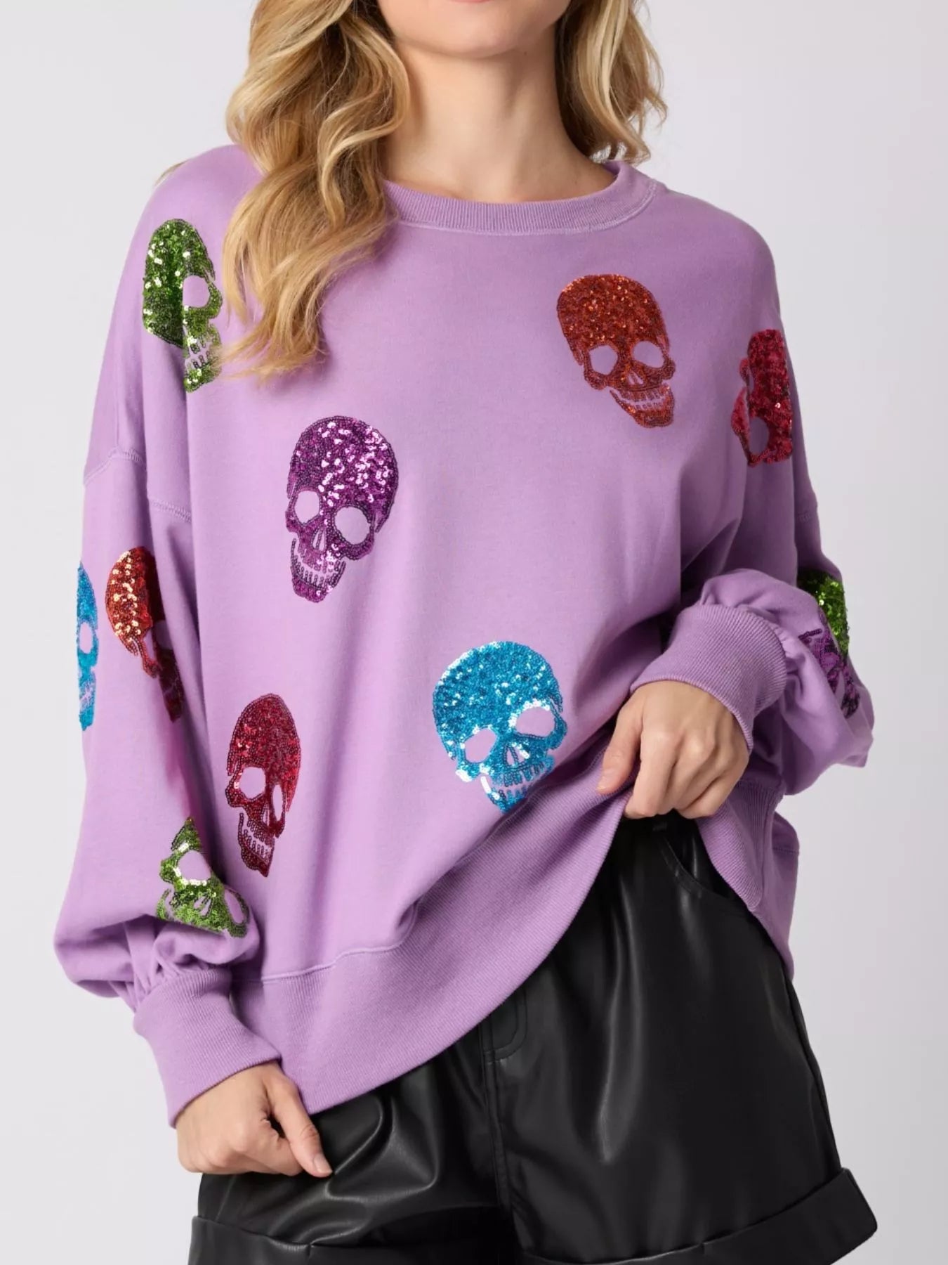 Halloween Colorful Skull Sequin Oversized Sweatshirt OutfitFlow