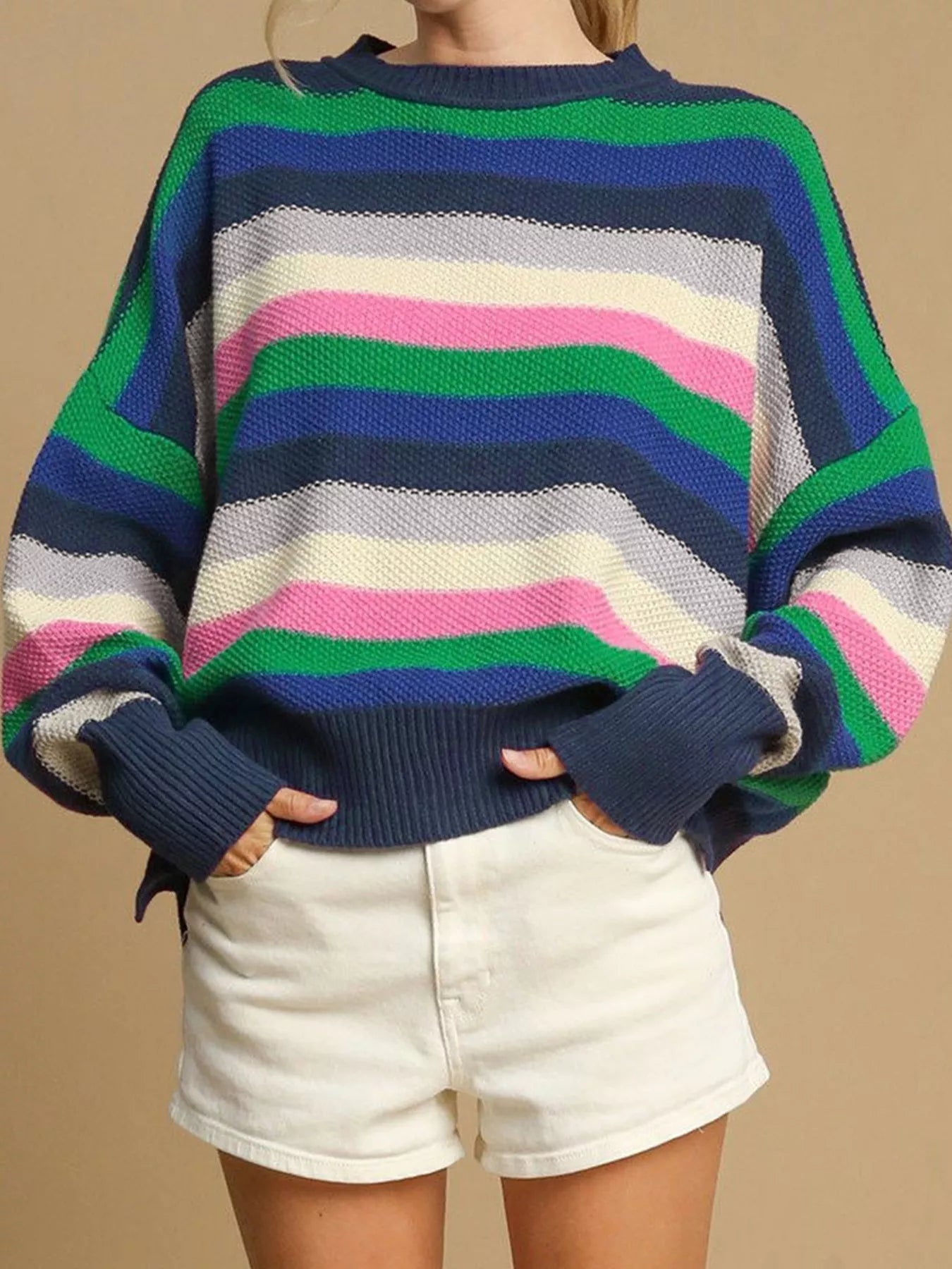 Rainbow Striped Crew Neck Drop Shoulder Sweater Dark Green OutfitFlow