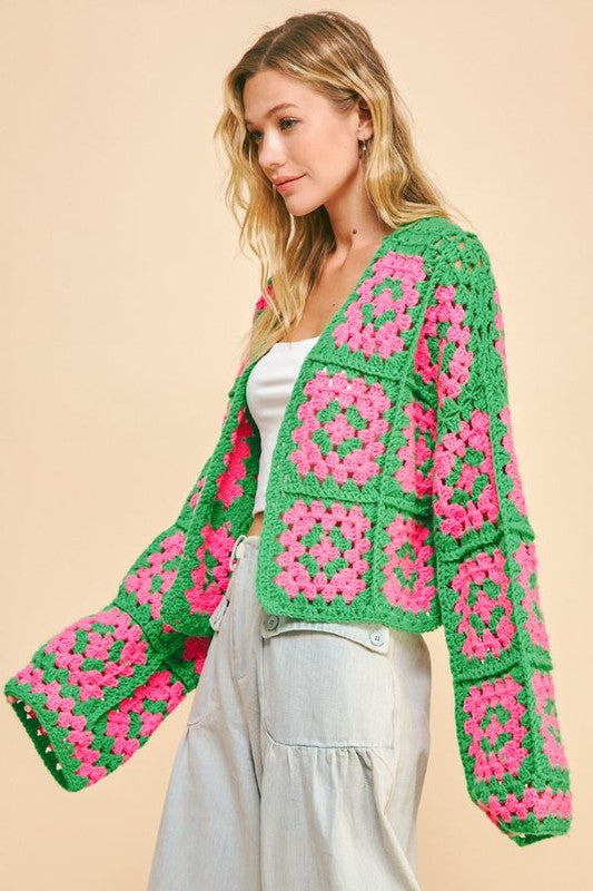 Outfit Flow - Davi & Dani Full Size Two Tone Flower Square Crochet Open Front Cardigan