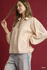 Umgee Long Sleeve Blouse with Leopard Print Trim OutfitFlow