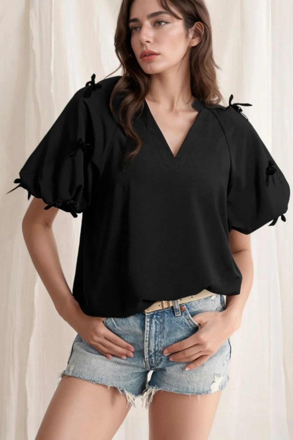 Bow Decor Puff Sleeve Blouse OutfitFlow