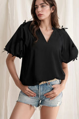 Bow Decor Puff Sleeve Blouse OutfitFlow