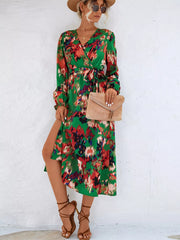 Printed Surplice Long Sleeve Midi Dress Green OutfitFlow