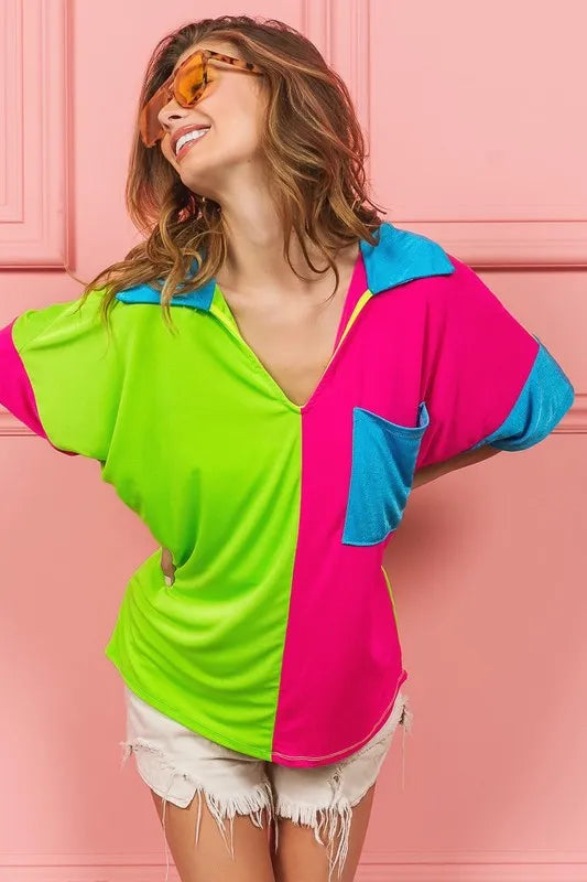 BiBi Slinky Knit Color Block V Neck Front Top OutfitFlow