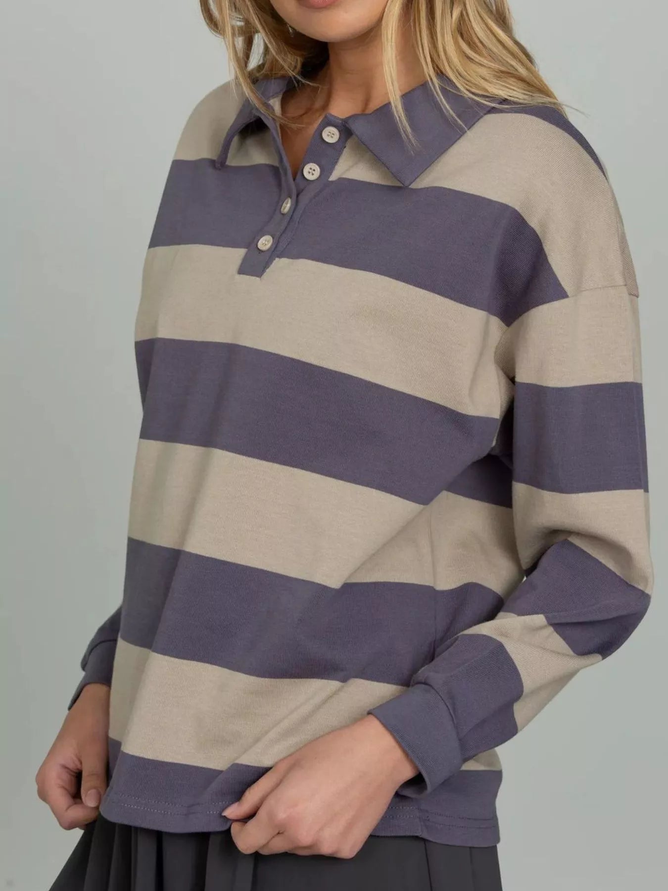 Striped Polo Collar Sweatshirt with Button Details OutfitFlow