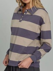 Striped Polo Collar Sweatshirt with Button Details OutfitFlow