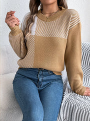 Color Block Striped Round Neck Sweater OutfitFlow