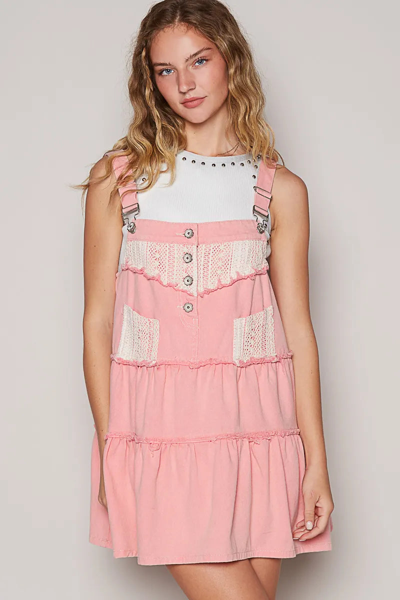 POL Lace Patchwork Detail Denim Overall Dress OutfitFlow