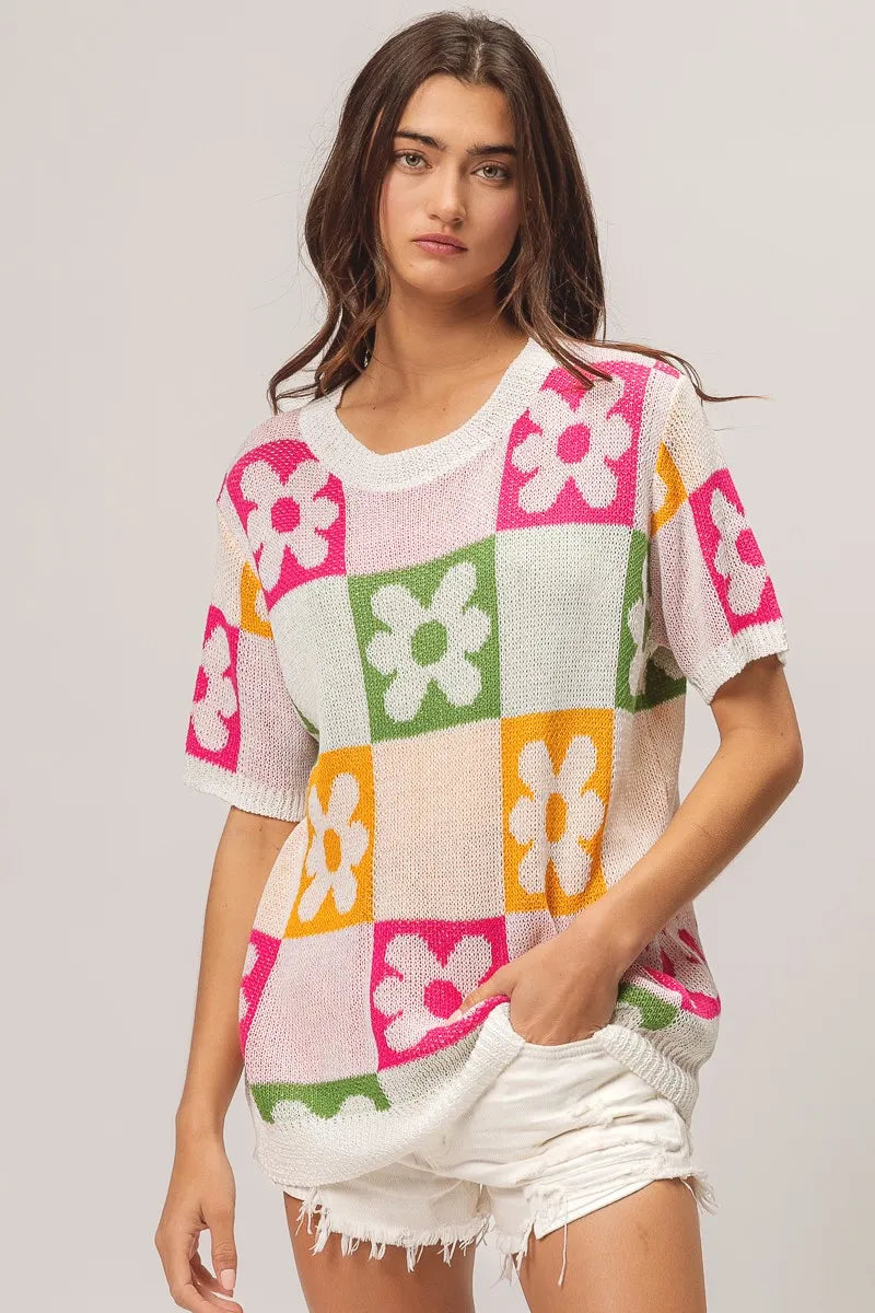 BiBi Flower Checker Pattern Lightweight Sweater Top OutfitFlow