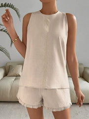 Lace Detail Round Neck Tank and Shorts Set OutfitFlow