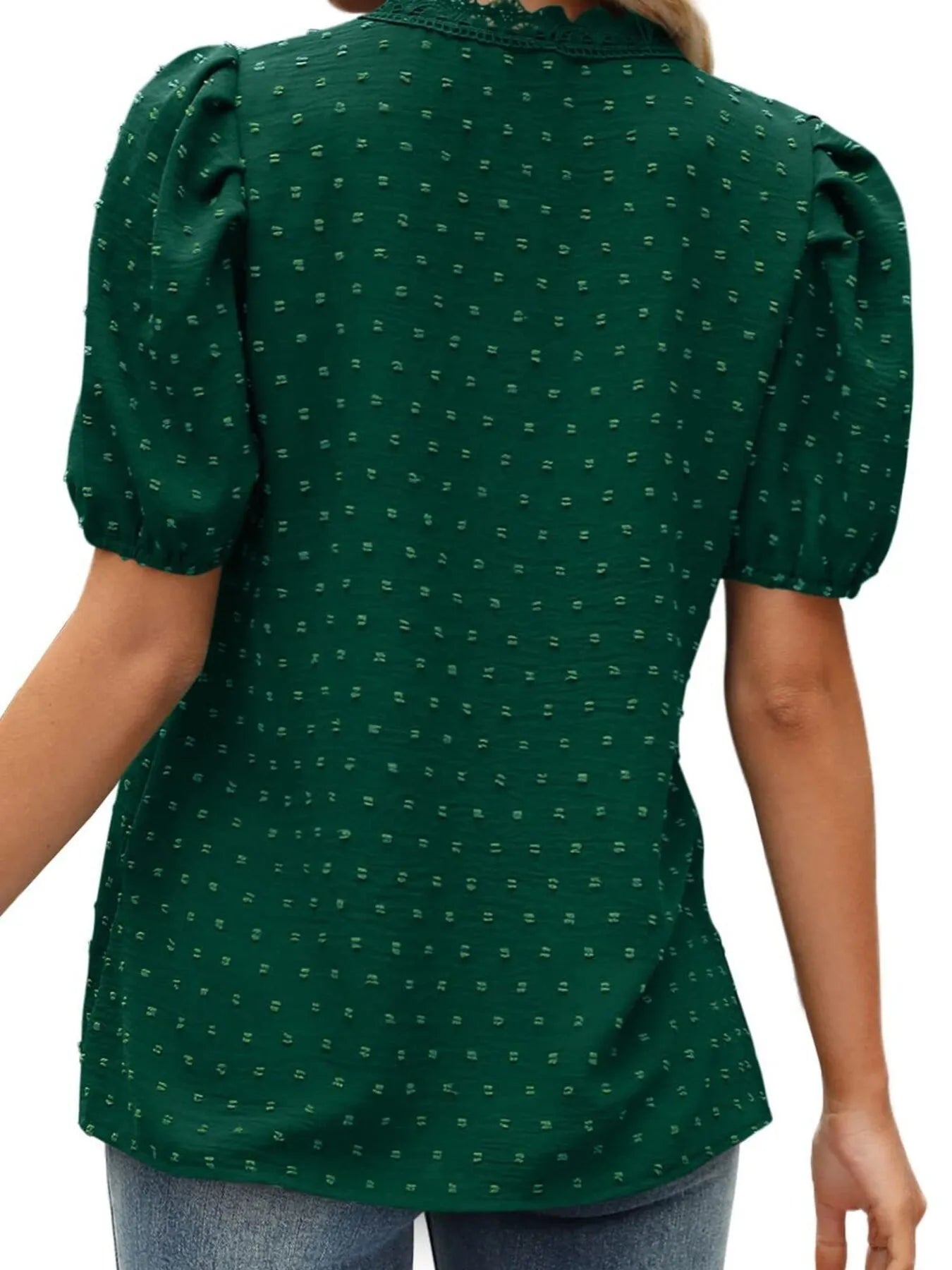 Puff Sleeve Swiss Dot Lace Trim Blouse OutfitFlow