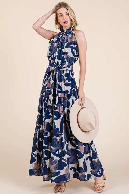 Lime 'N' Chili Abstract Halter Neck Tie-Waist Tiered Maxi Dress OutfitFlow