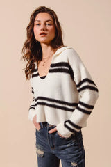 SO ME Fuzzy Hairy Stripe Deep U Neck Sweater OutfitFlow