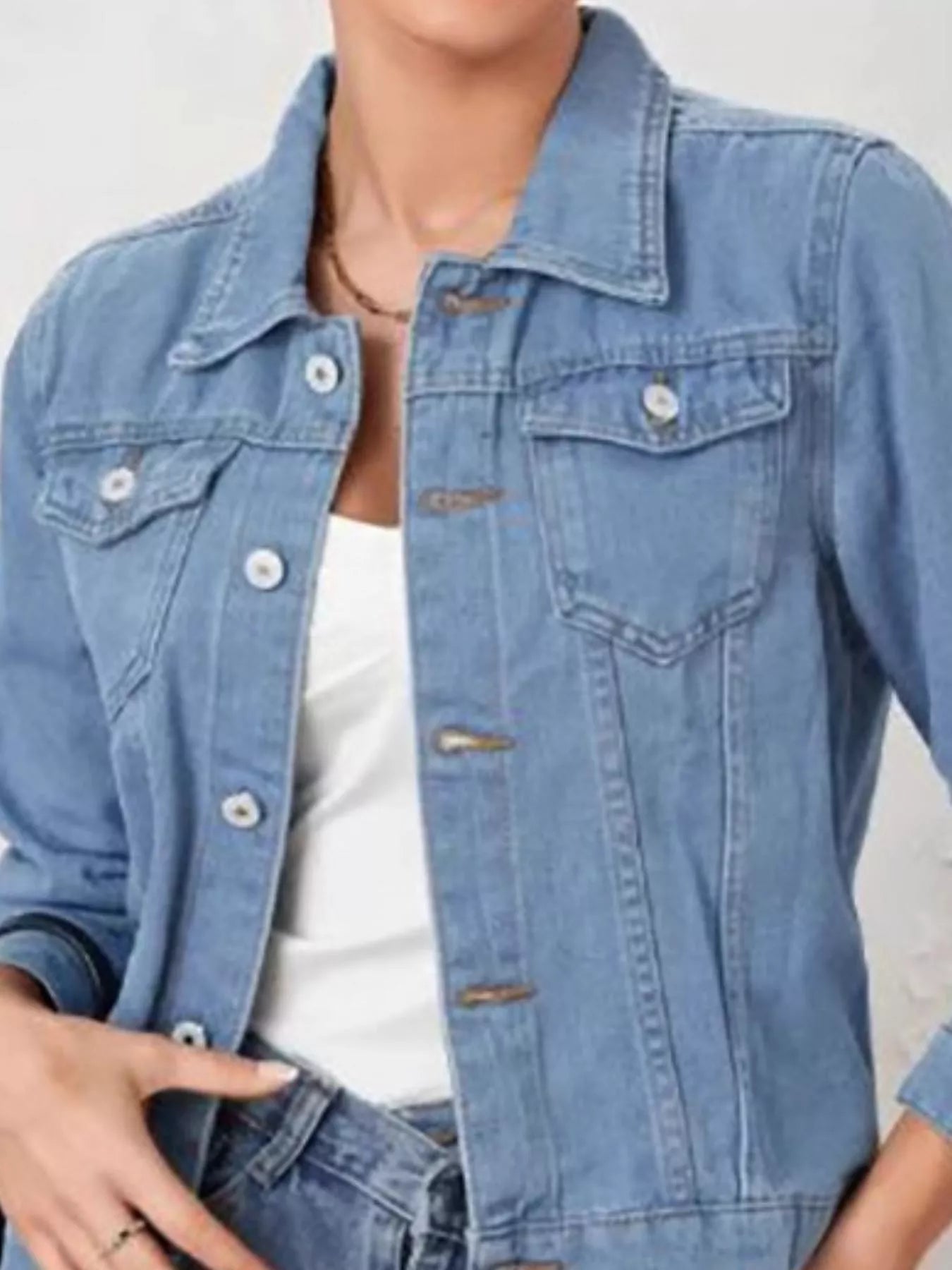 Button Up Long Sleeve Denim Jacket OutfitFlow
