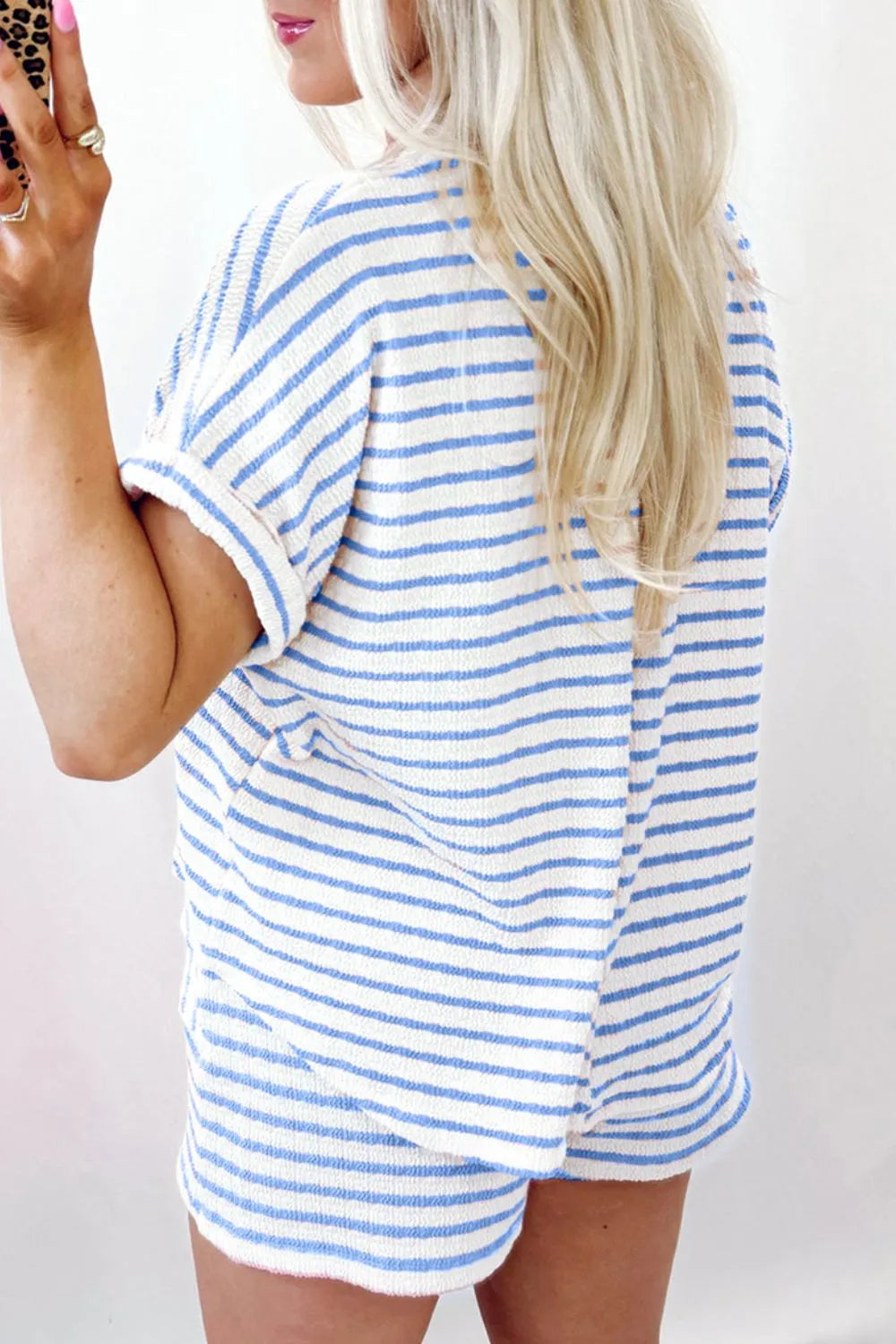 Stripe Knitted Short Sleeve Top and Drawstring Shorts Set OutfitFlow