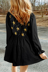 Outfit Flow - Sequin Star Round Neck Flounce Sleeve Mini Dress