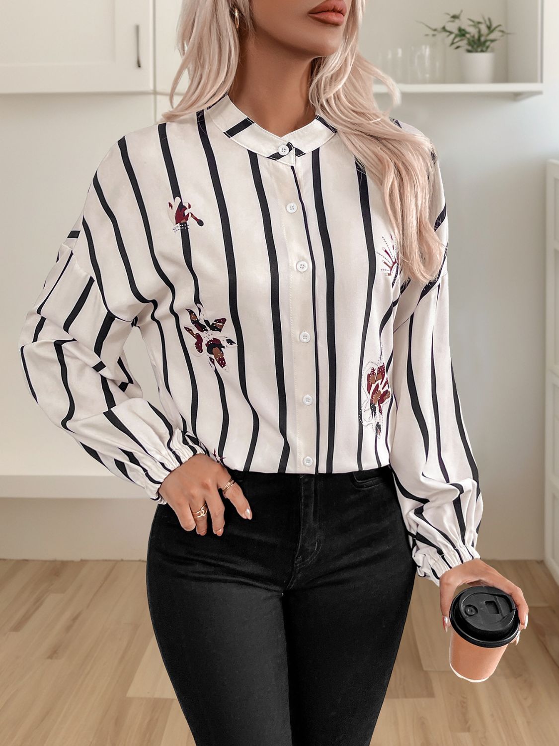 Outfit Flow - Perfee Striped Collared Neck Long Sleeve Shirt