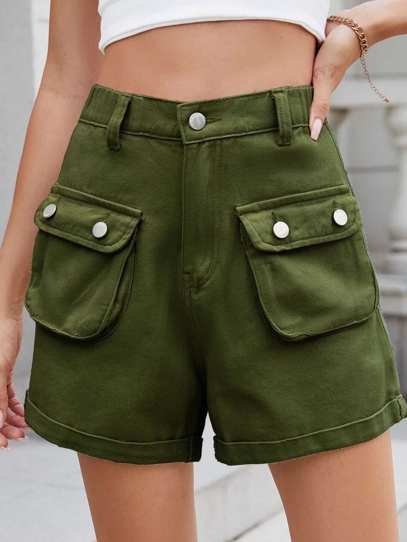 High Waist Cargo Denim Shorts with Multi Pockets OutfitFlow