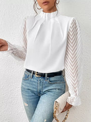 Mock Neck Sheer Lace Sleeve Blouse White OutfitFlow