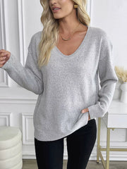 V-Neck Long Sleeve Knit Top Trendsi
