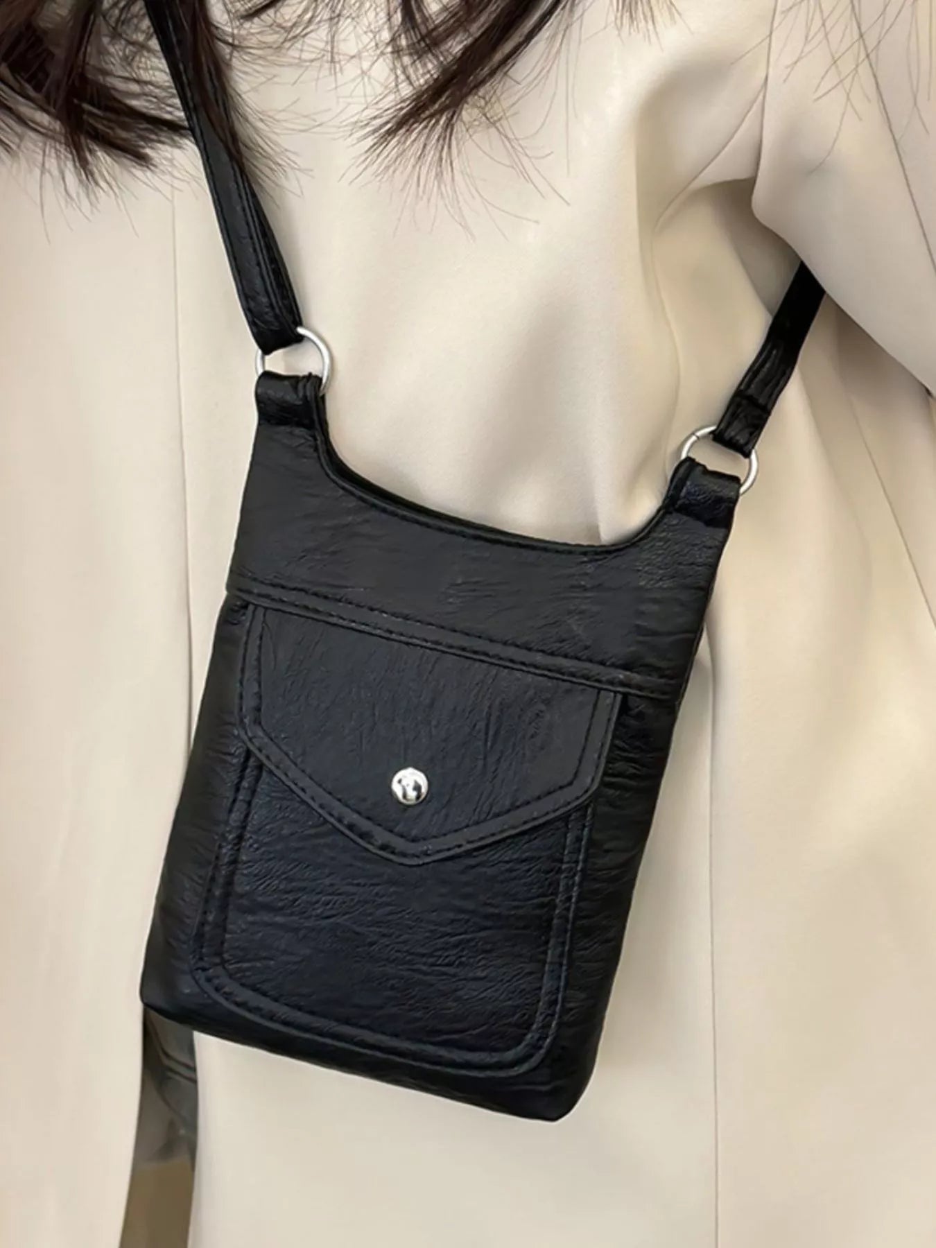 Adjustable Strap Leather Crossbody Bag Black onesize OutfitFlow