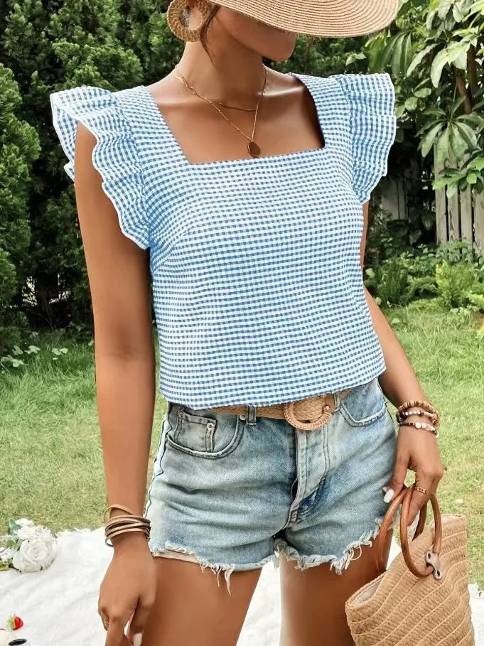 Ruffle Sleeve Gingham Square Neck Top OutfitFlow
