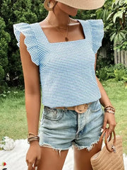 Ruffle Sleeve Gingham Square Neck Top OutfitFlow