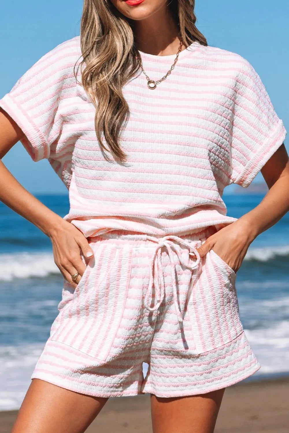 Stripe Knitted Short Sleeve Top and Drawstring Shorts Set OutfitFlow