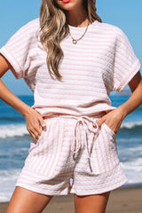 Stripe Knitted Short Sleeve Top and Drawstring Shorts Set OutfitFlow